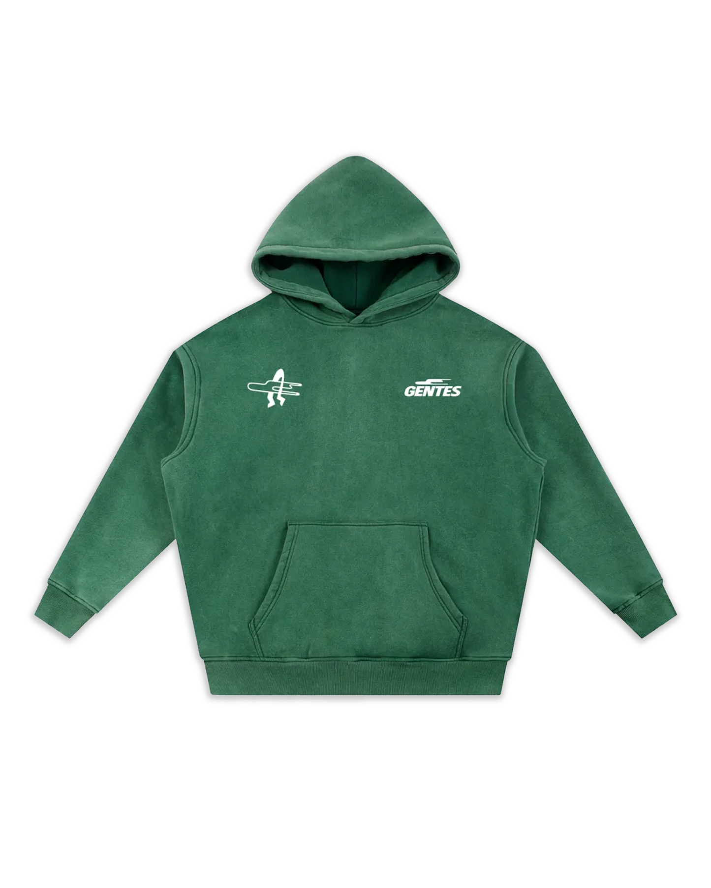 Face du sweat Surfy, coloris dark green délavé avec un logo coeur et un anti-coeur. Logo de la marque gentes et logo surf gentes.