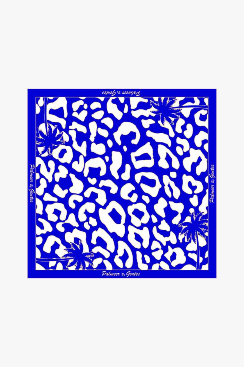 Foulard, carré de soie, motif léopard, palmiers bleu doré et blanc