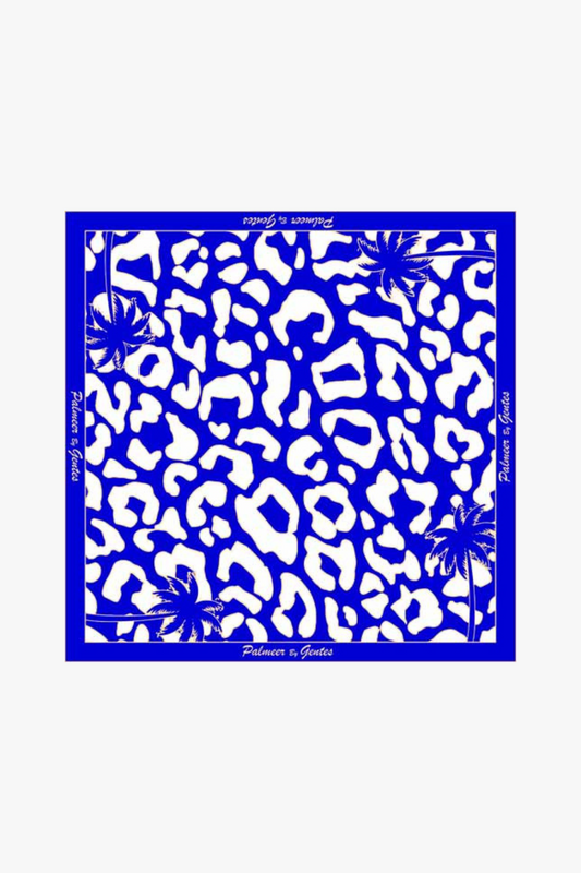 Foulard, carré de soie, motif léopard, palmiers bleu doré et blanc