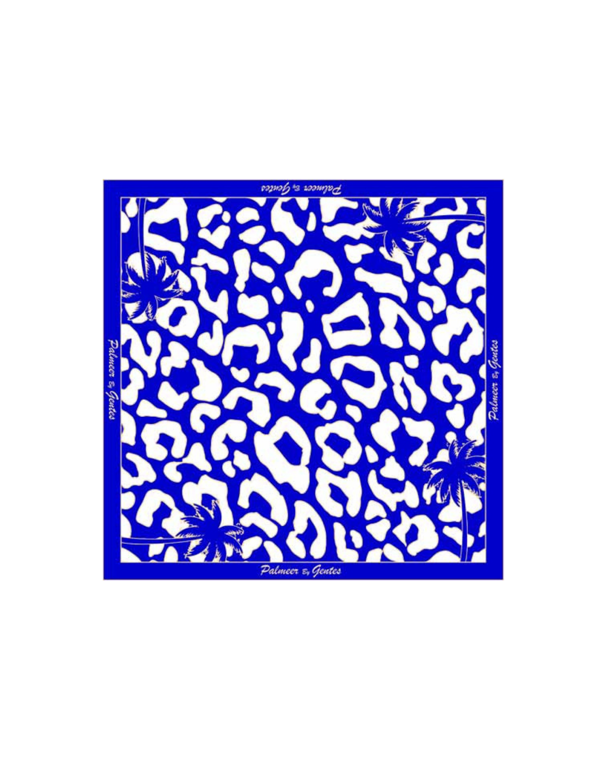 Foulard, carré de soie, motif léopard, palmiers bleu doré et blanc.
Foulard style Keinemusic