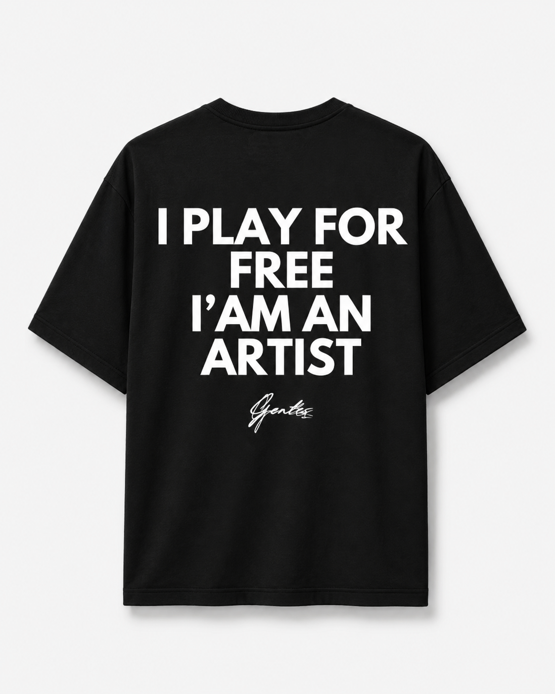 T-shirt Oversize épais aux manches mi-longues. Design DJ. Vue de dos.
Inscription en impressionn numérique "I PLAY FOR FREE I'AM AN ARTIST" designé et en collaboration avec le DJ Raphaël Palmeer