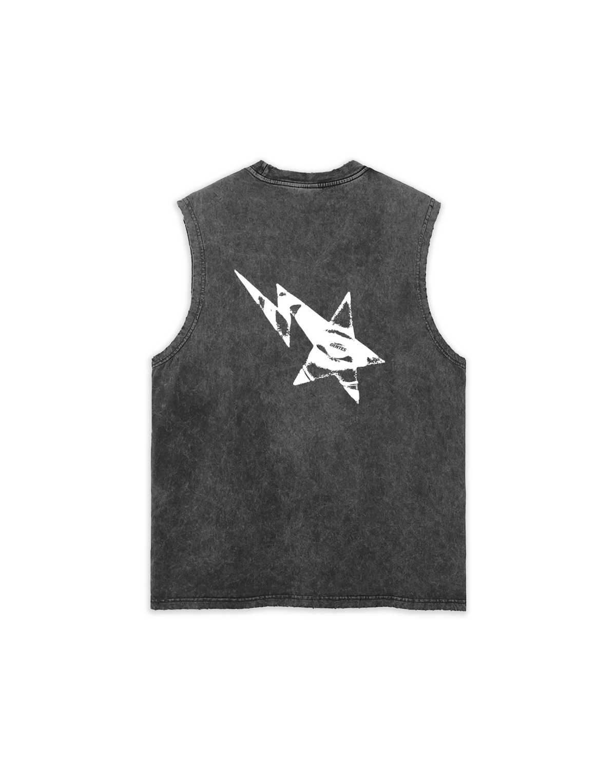 T-shirt sans manche, débardeur délavé noir, effet troué sur les finitions. Logo étoile au dos.