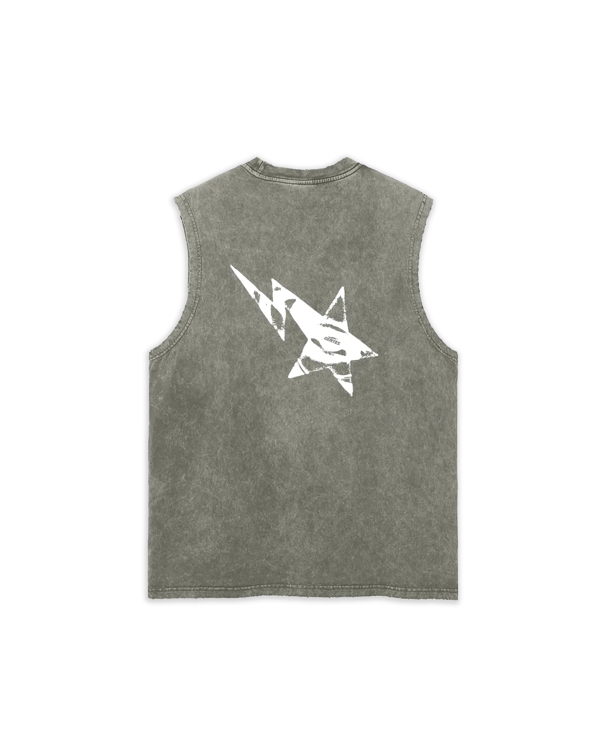 T-shirt sans manche, débardeur délavé kaki clair, effet troué sur les finitions. Logo étoile au dos.