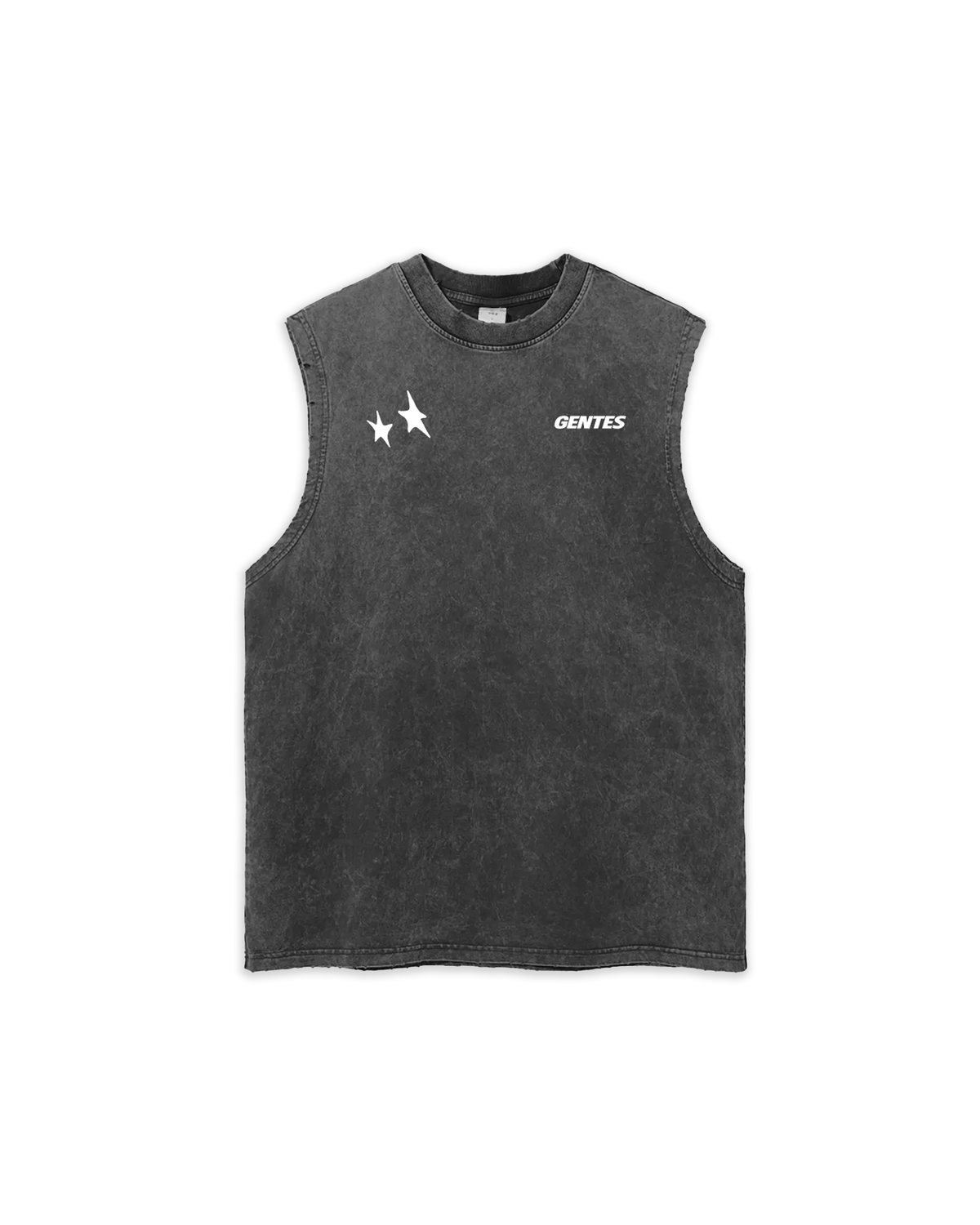 T-shirt sans manche, débardeur délavé noir, effet troué sur les finitions. Logo gentes et étoiles.
