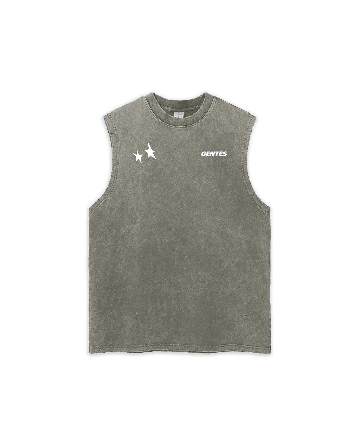 T-shirt sans manche, débardeur délavé kaki, effet troué sur les finitions. Logo gentes et étoiles.