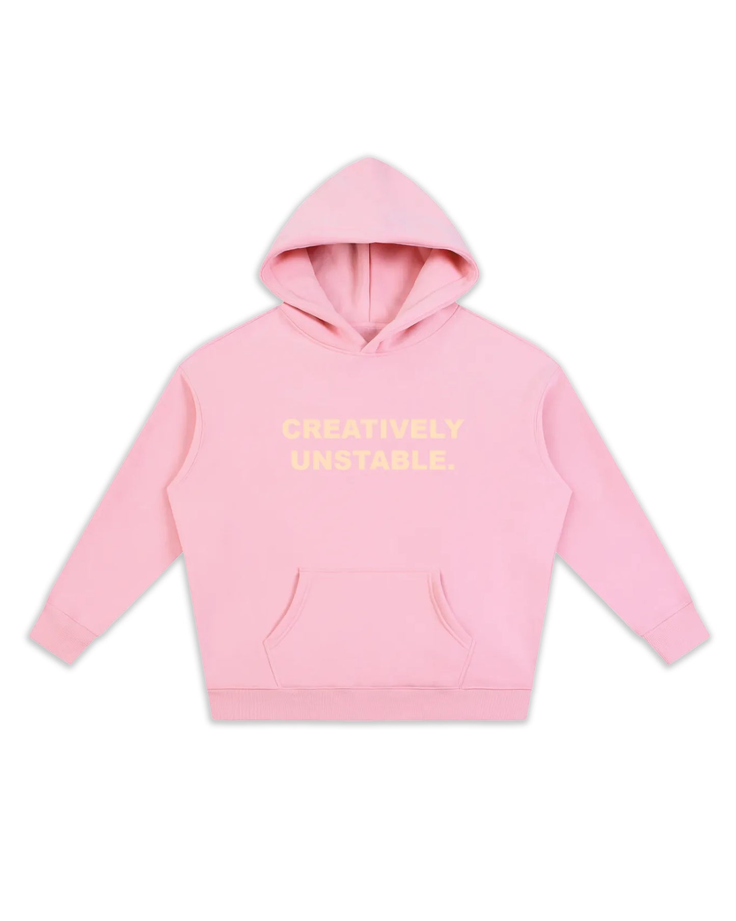 Sweat rose deface avec inscription "creatively unstable". Sweatshirt pour les créatifs.