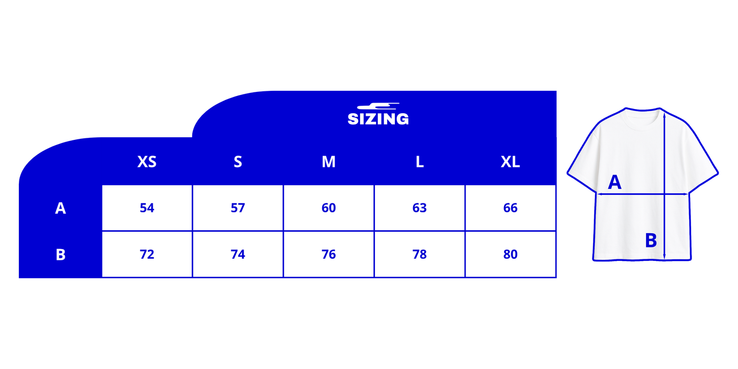 Guide des tailles/dimensions des t-shirts afin d'aider les clients à choisir la bonne taille.
Dimension A & B du XS au XL