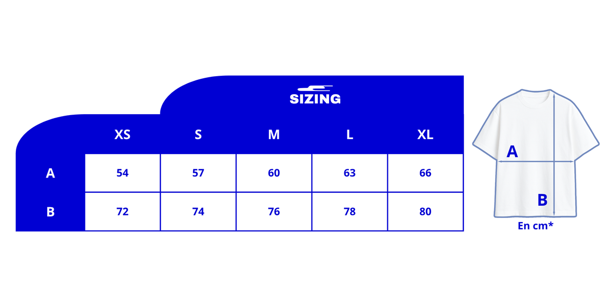 Guide des tailles/dimensions des t-shirts afin d'aider les clients à choisir la bonne taille.
Dimension A & B du XS au XL. Buste et hauteur du t-shirt