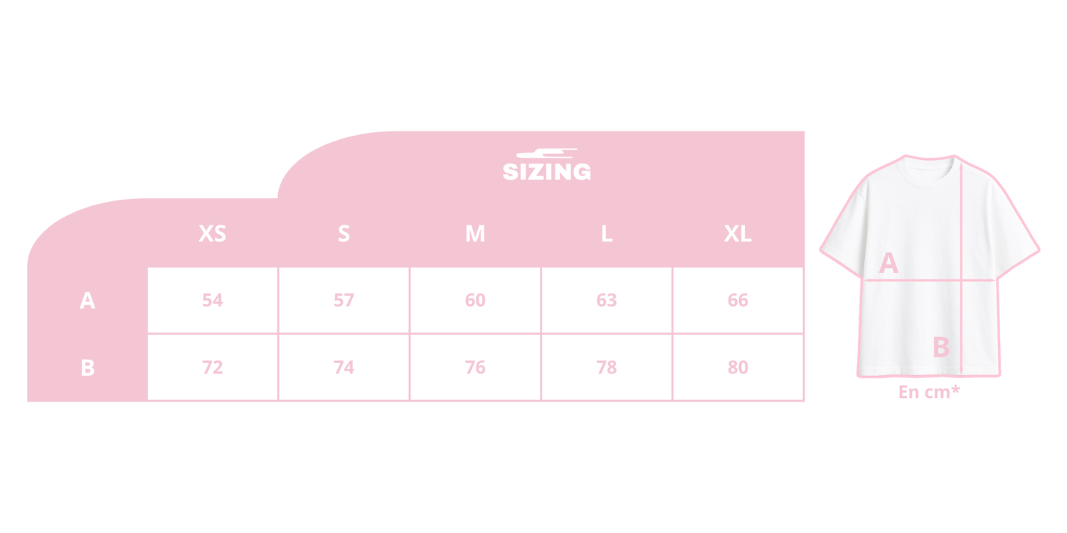 Guide des tailles/dimensions des t-shirts afin d'aider les clients à choisir la bonne taille.
Dimension A & B du XS au XL