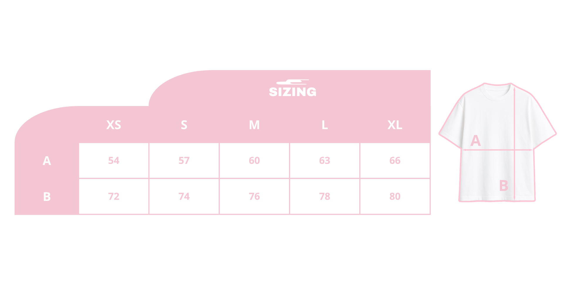 Guide des tailles/dimensions des t-shirts afin d'aider les clients à choisir la bonne taille.
Dimension A & B du XS au XL