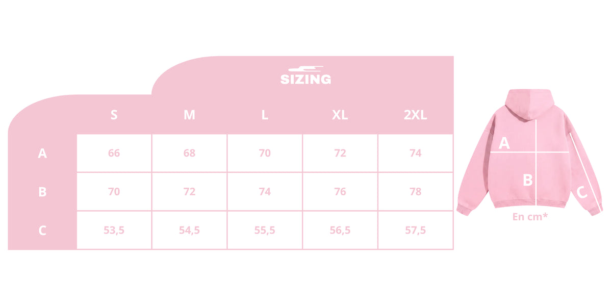 Guide de taille pour sweat, avec mesures de la hauteur du buste, la largeur et la longueur des manches. Sweat oversize de bonne qualité.
