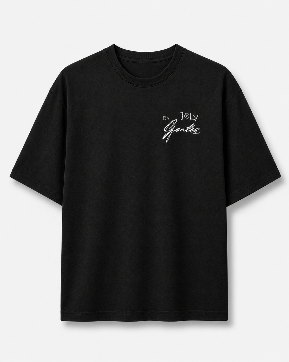Face du t-shirt noir joly avec logo joly x gentes sur le coeur.