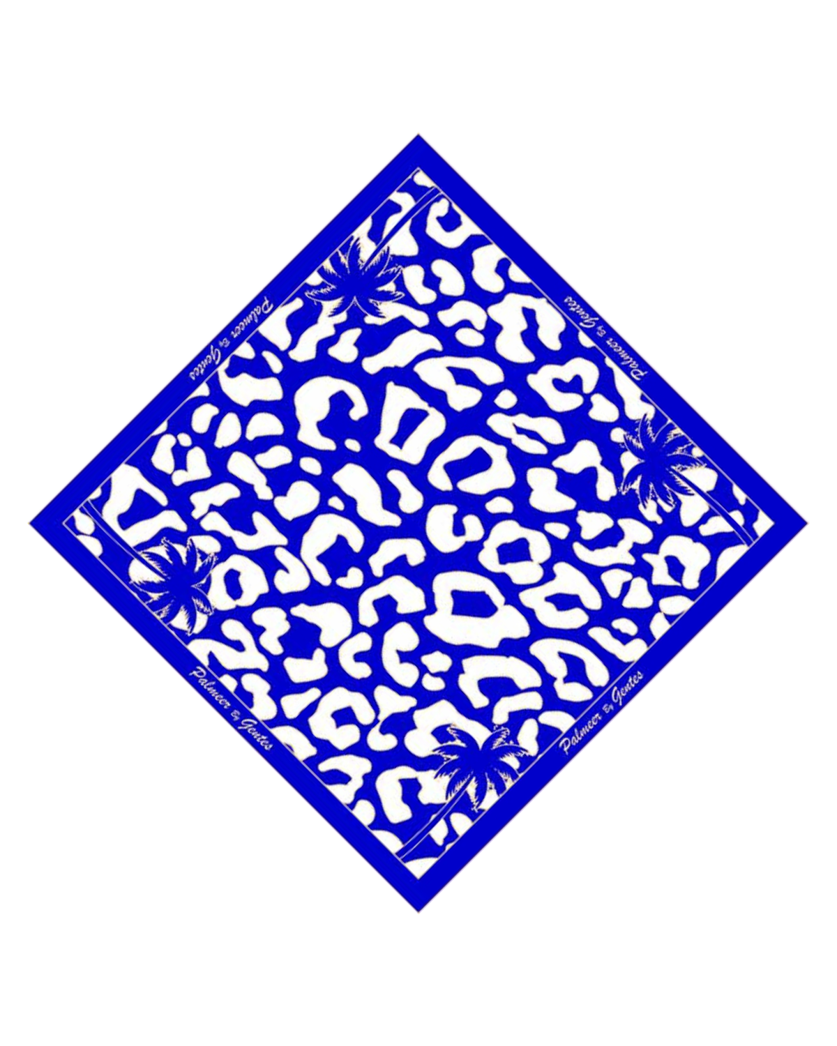 Foulard, carré de soie, motif léopard, palmiers bleu doré et blanc.
Accessoire de house music