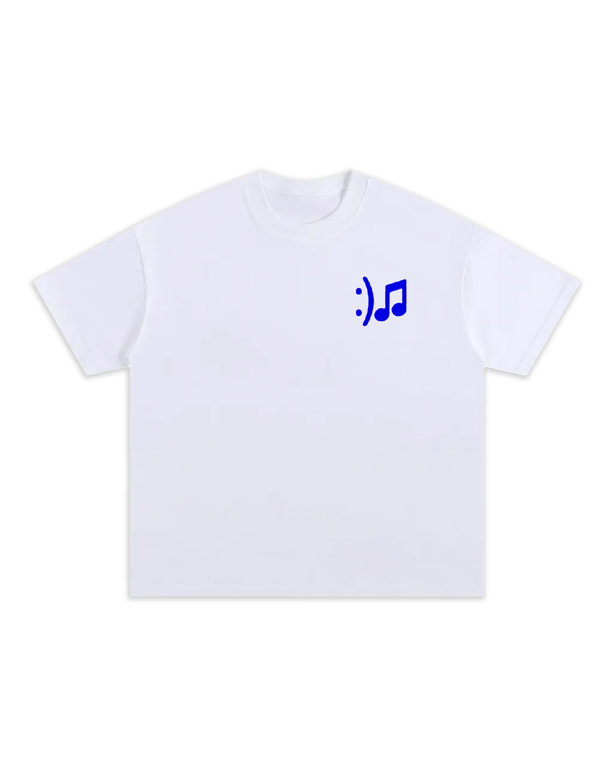 T-shirt Oversize épais aux manches mi-longues. Design DJ. Vue de face
T-shirt blanc, logo bleu. Smiley et note de musique