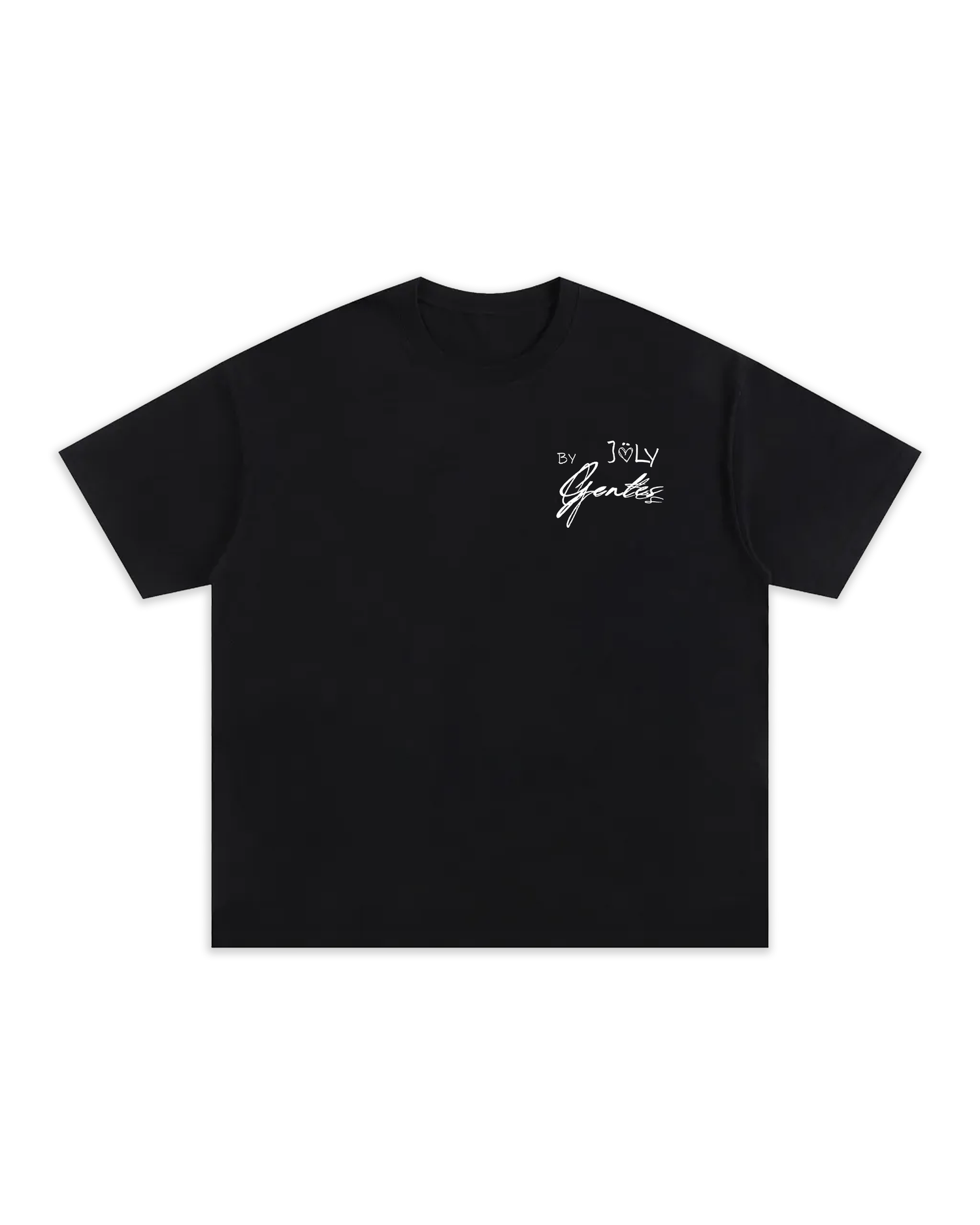 Face du t-shirt noir joly avec logo joly x gentes sur le coeur. T-shirt pour les amoureux avec un gros coeur dans le dos