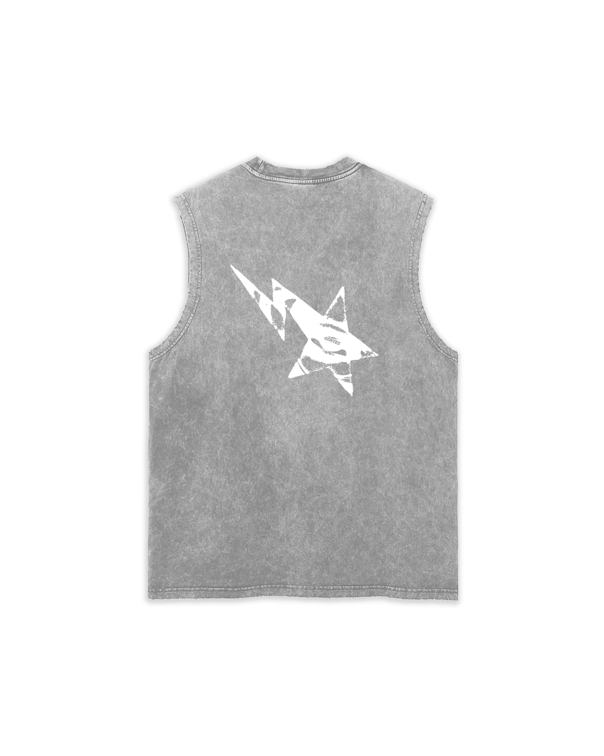 T-shirt sans manche, débardeur délavé gris clair, effet troué sur les finitions. Logo étoile au dos.