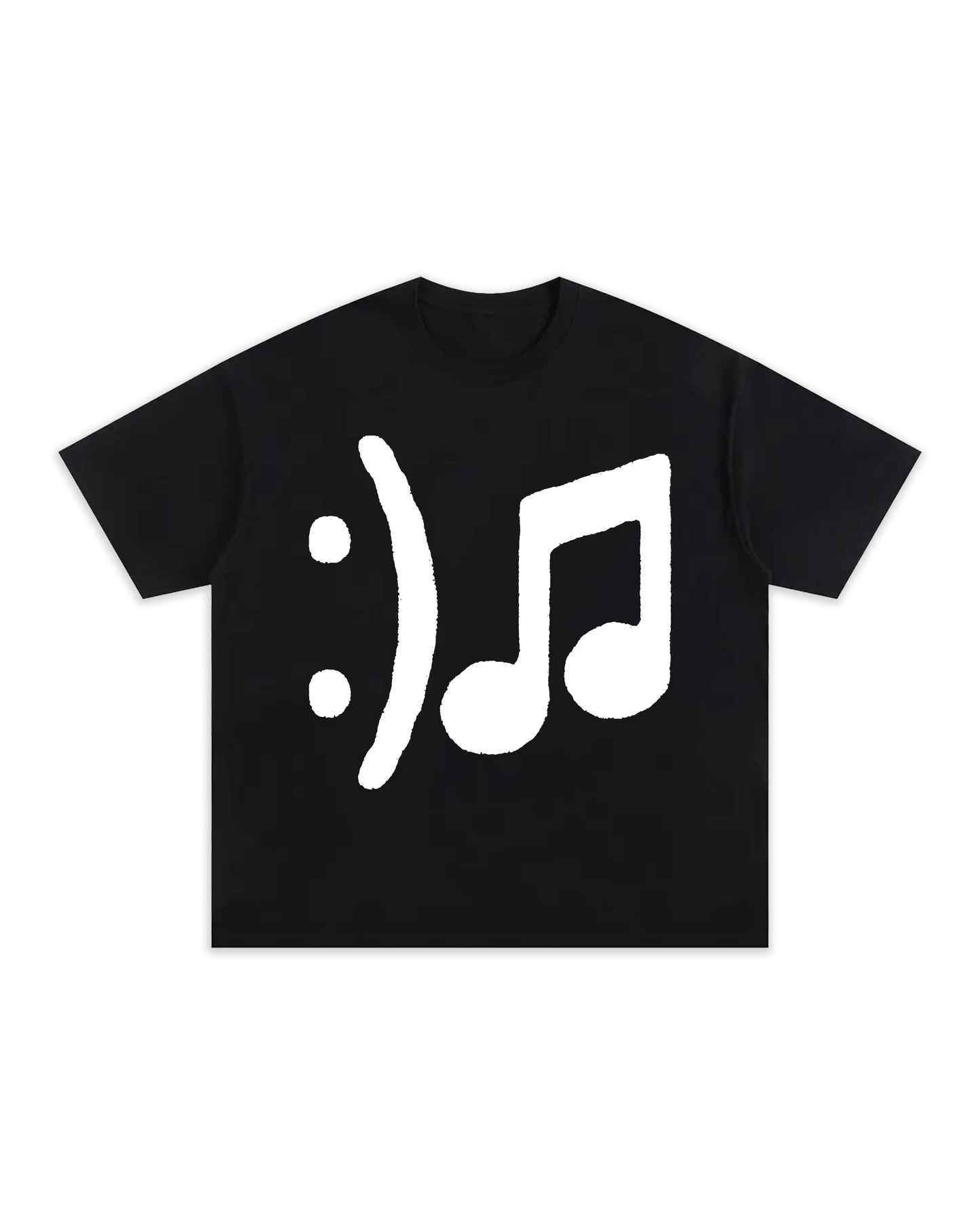 T-shirt Oversize épais aux manches mi-longues. Design DJ. Vue de face. Classique de la marque gentes, t-shirt note de musique et smiley.