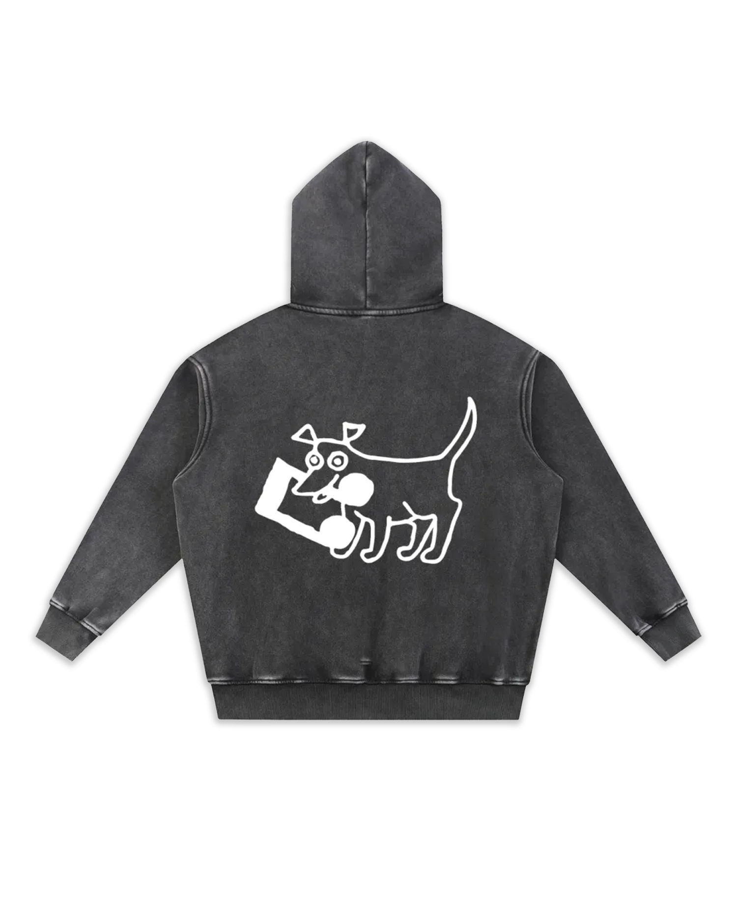 Dos du sweat Doggy, coloris black délavé avec un gros logo dog.