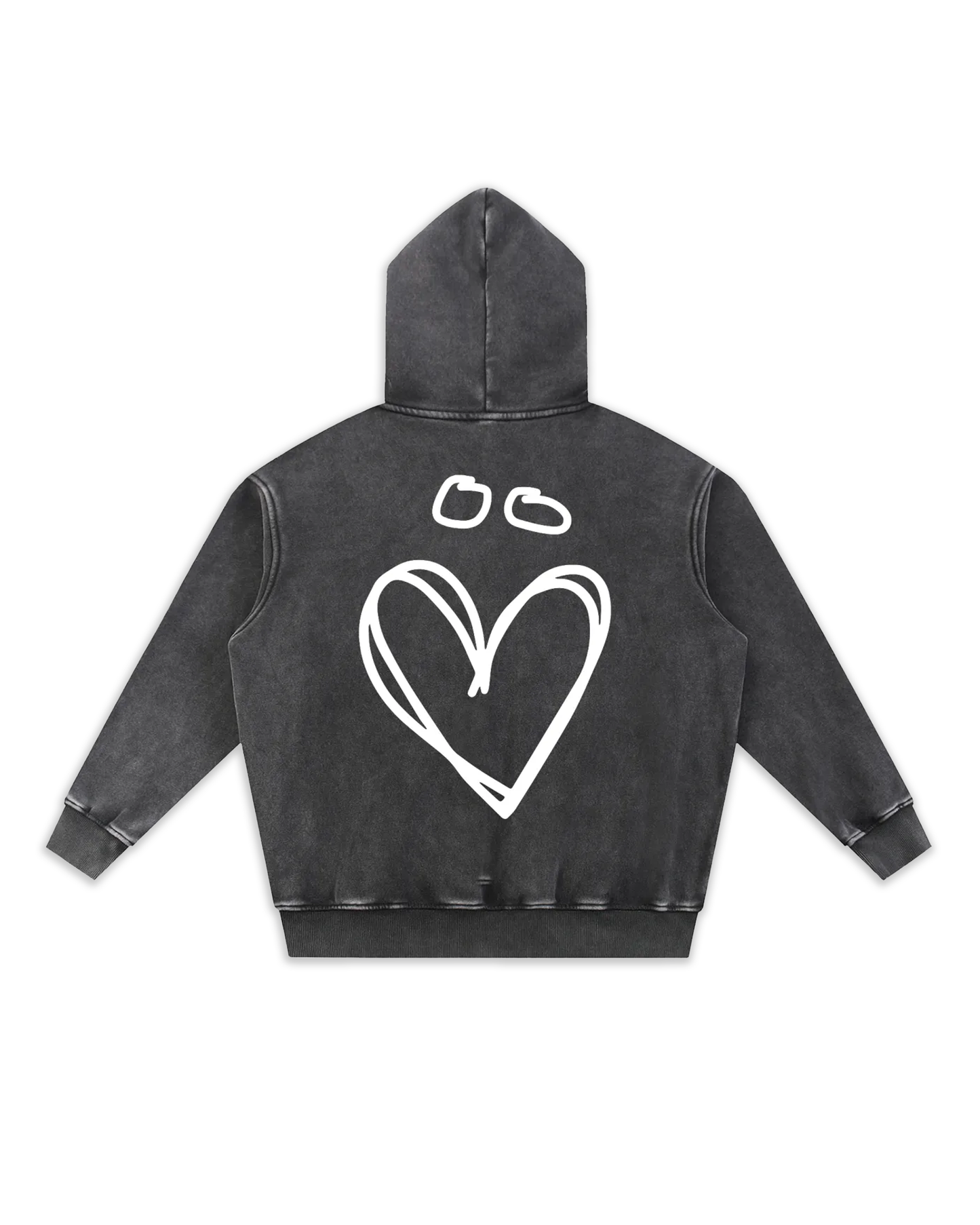 Dos du sweat Joly, coloris black délavé avec un gros logo en forme de coeur avec un tréma.