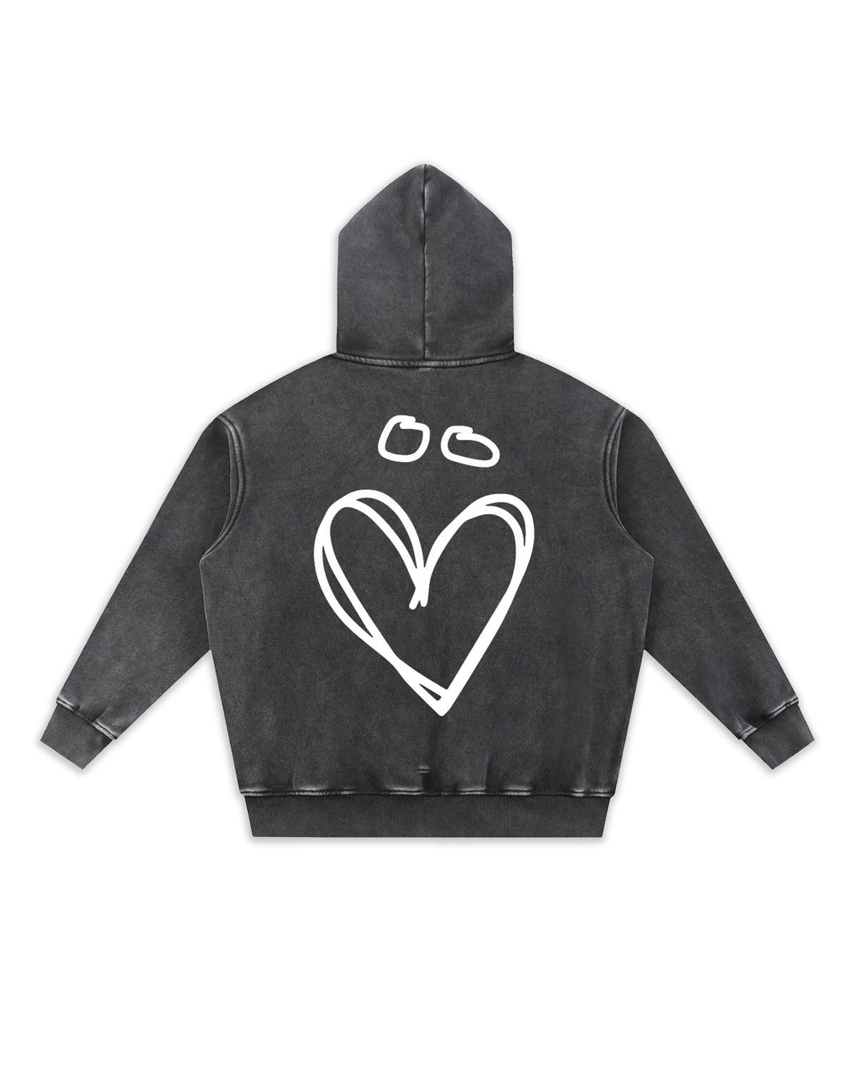 Dos du sweat Joly, coloris black délavé avec un gros logo en forme de coeur avec un tréma.