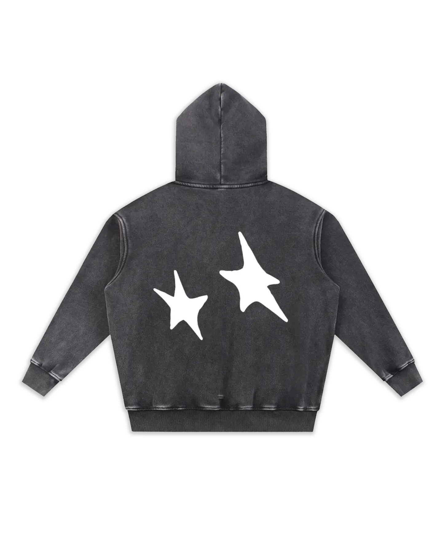 Dos du sweat Stary, coloris black délavé avec de belles étoiles dans le dos marqués en impression DTF.