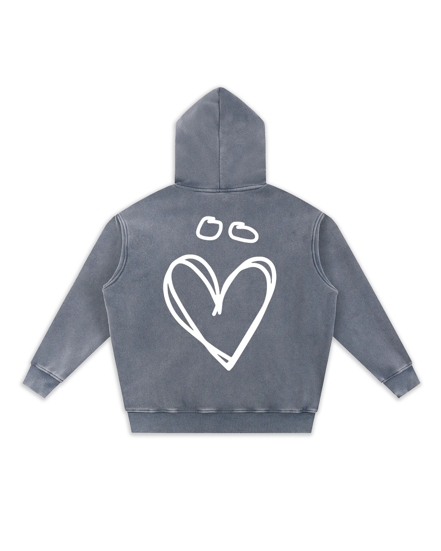 Dos du sweat Joly, coloris blue gray délavé avec un gros logo en forme de coeur avec un tréma.