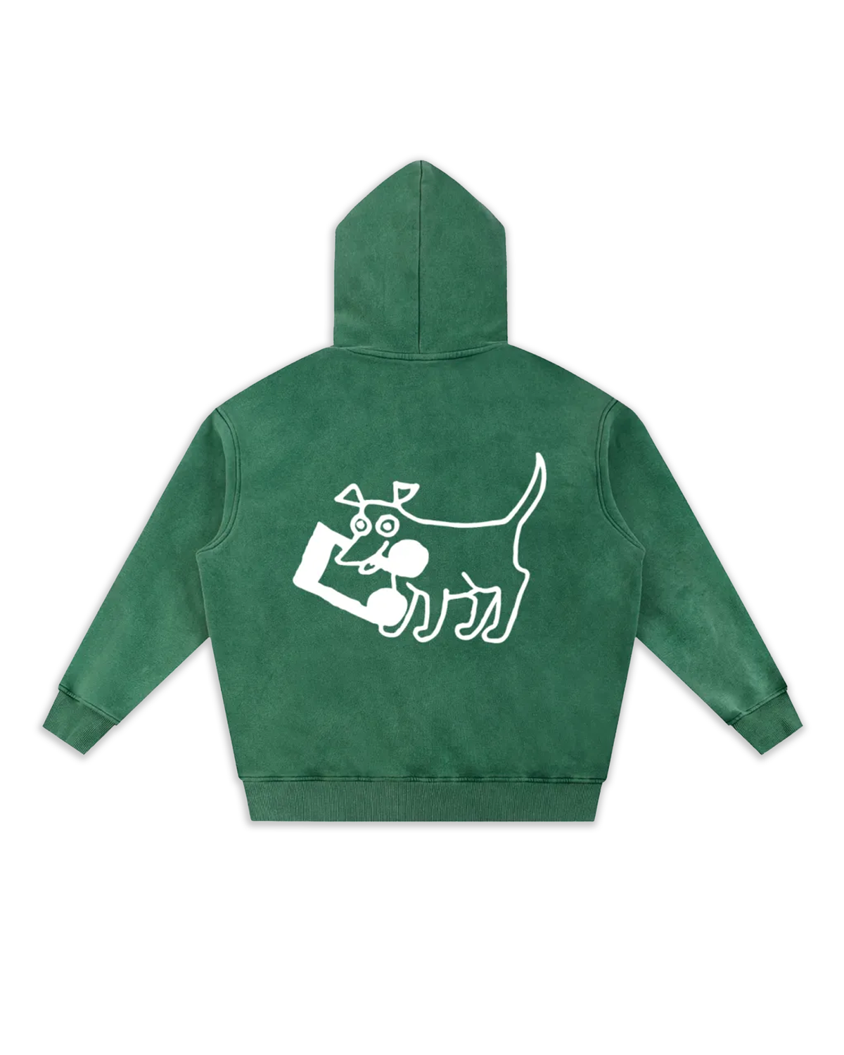 Dos du sweat Doggy, coloris green délavé avec un gros logo dog.
