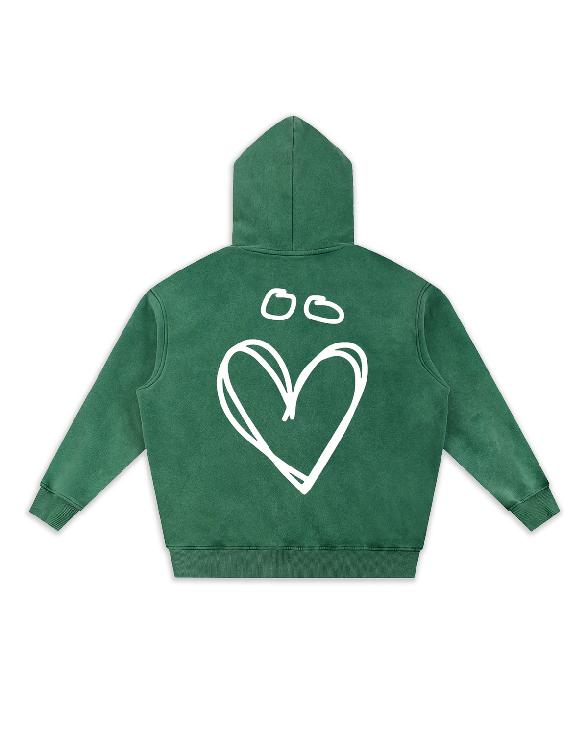 Dos du sweat Joly, coloris Dark Green délavé avec un gros logo en forme de coeur avec un tréma.