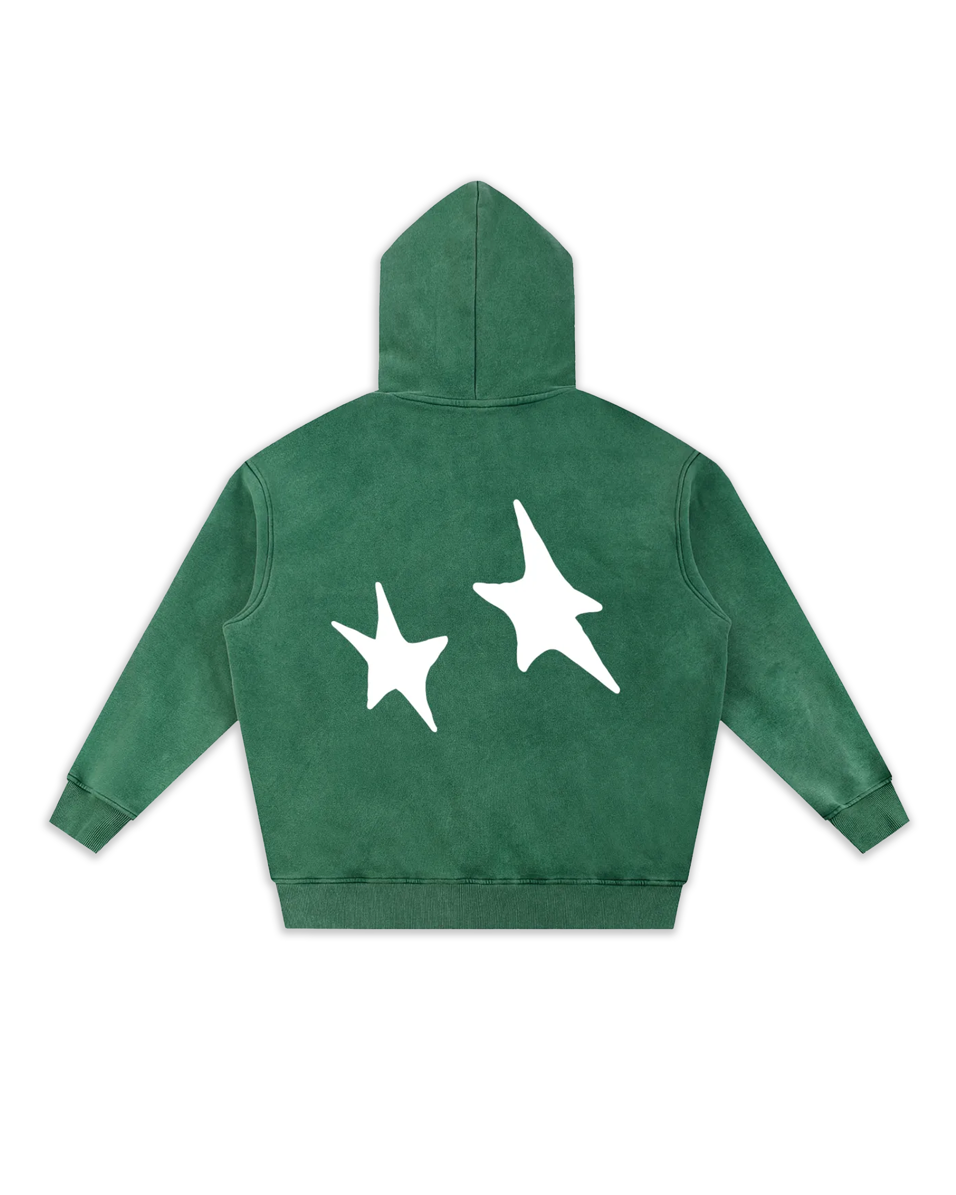 Dos du sweat Stary, coloris dark green délavé avec de belles étoiles dans le dos marqués en impression DTF.