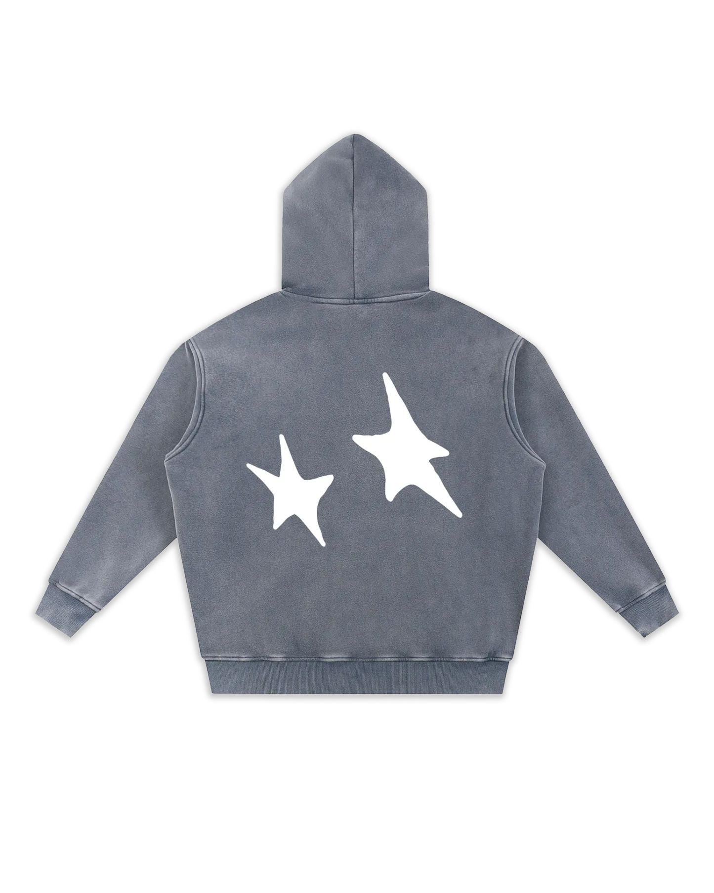 Dos du sweat Stary, coloris blue gray délavé avec de belles étoiles dans le dos marqués en impression DTF.