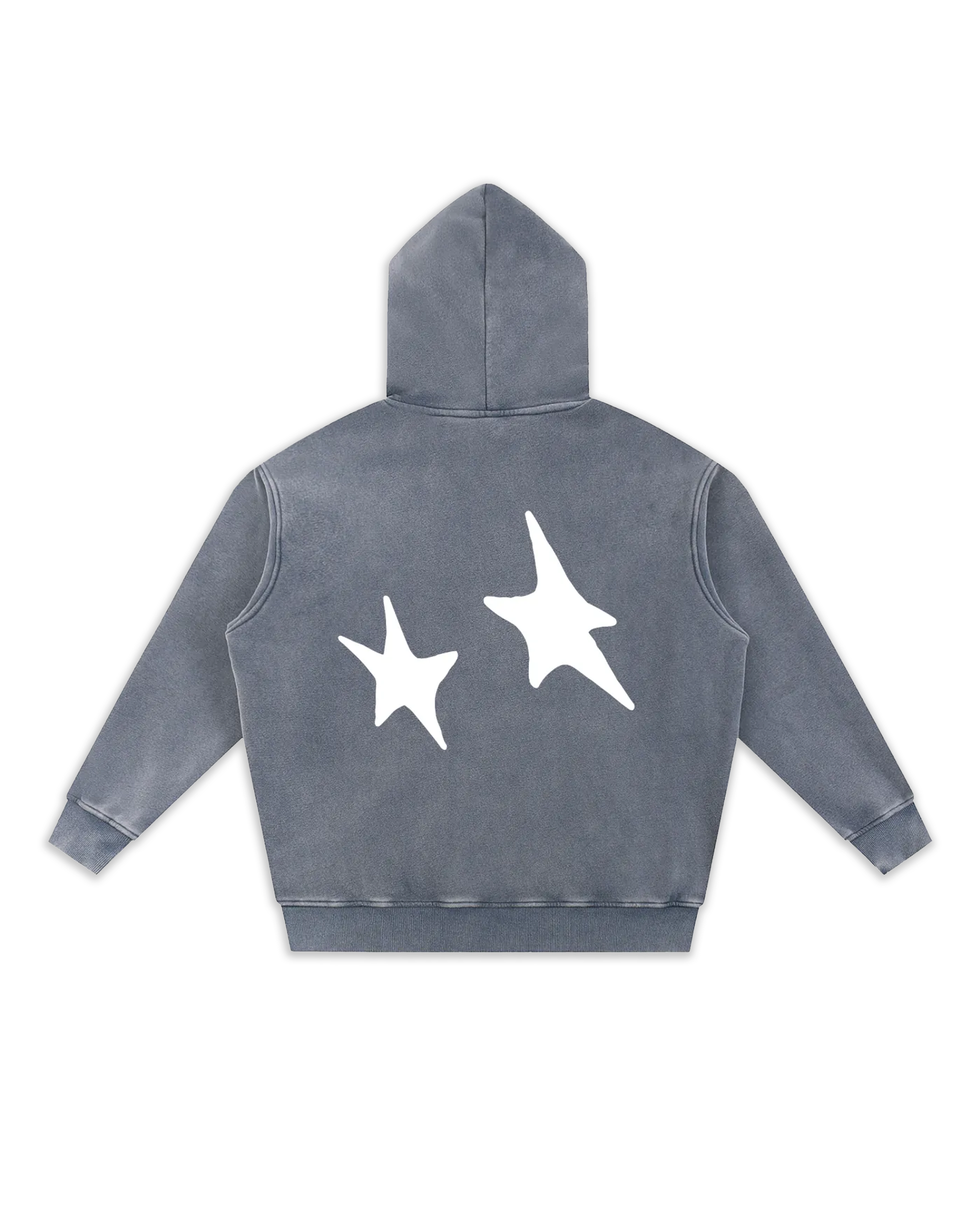 Dos du sweat Stary, coloris blue gray délavé avec de belles étoiles dans le dos marqués en impression DTF.