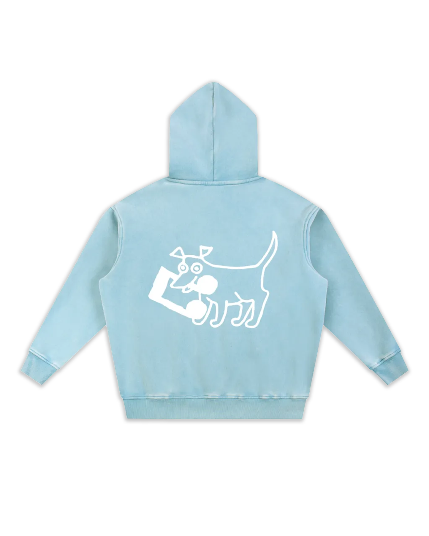 Dos du sweat Doggy, coloris blue lake délavé avec un gros logo dog.