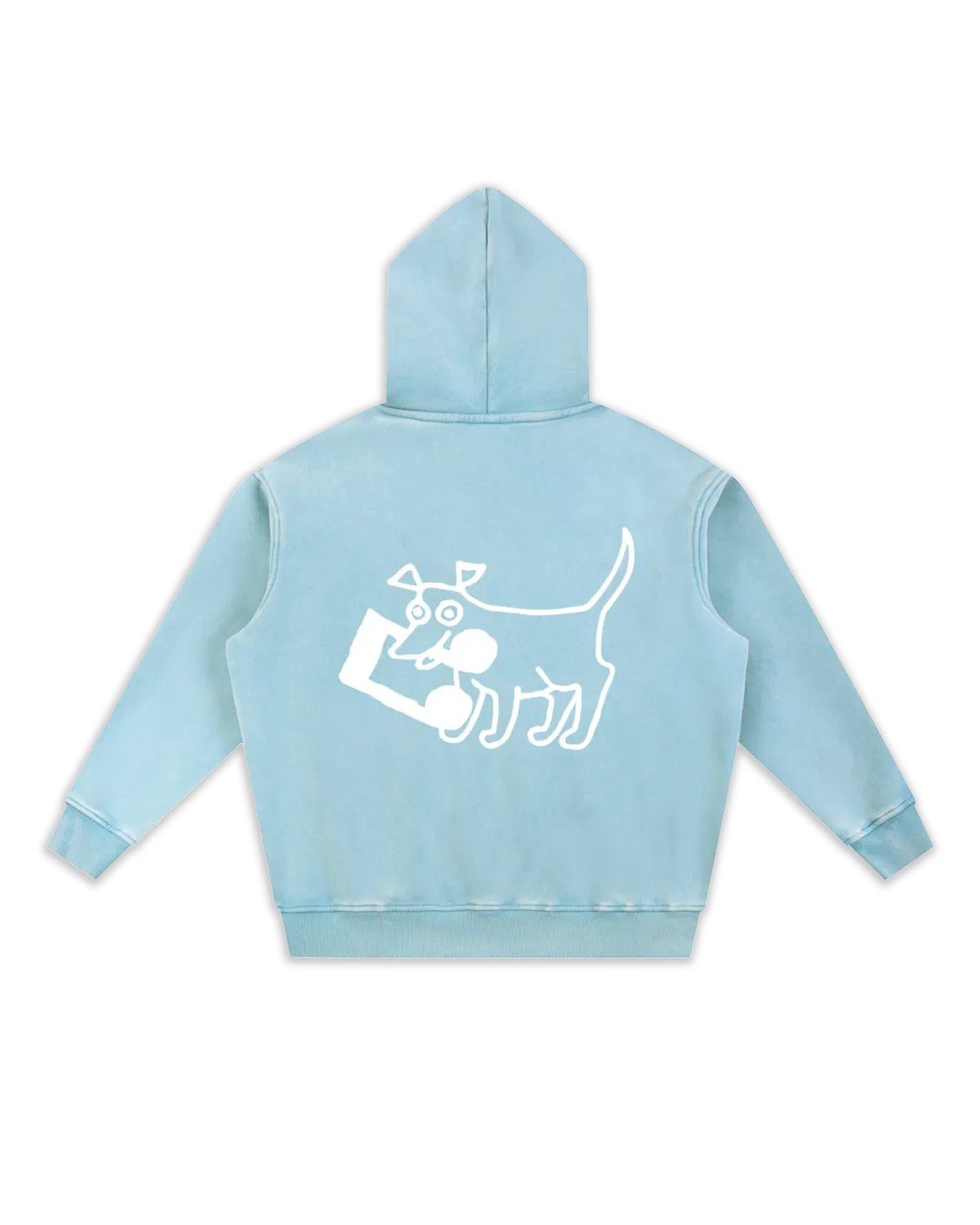 Dos du sweat Doggy, coloris blue lake délavé avec un gros logo dog.