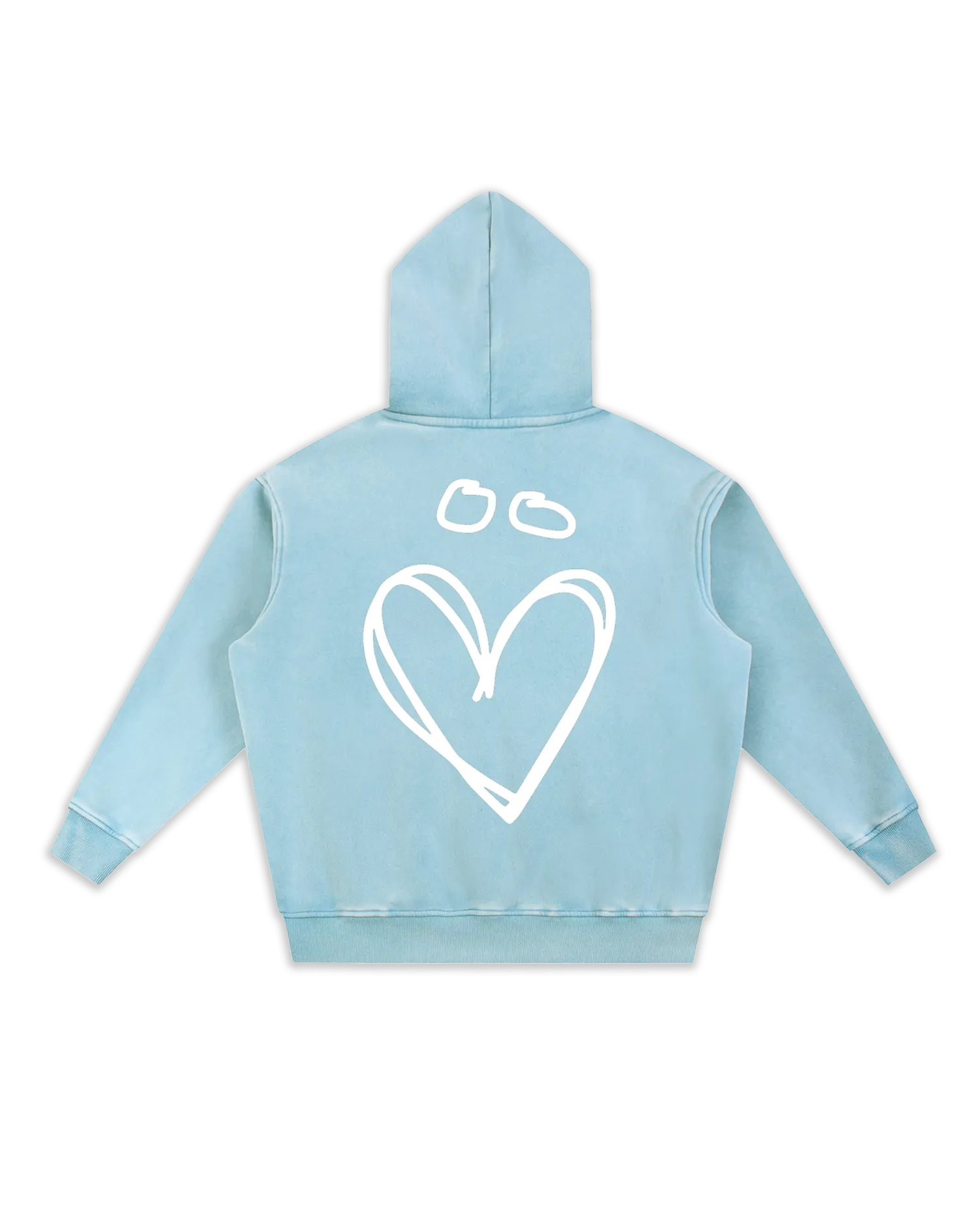 Dos du sweat Joly, coloris blue lake délavé avec un gros logo en forme de coeur avec un tréma.