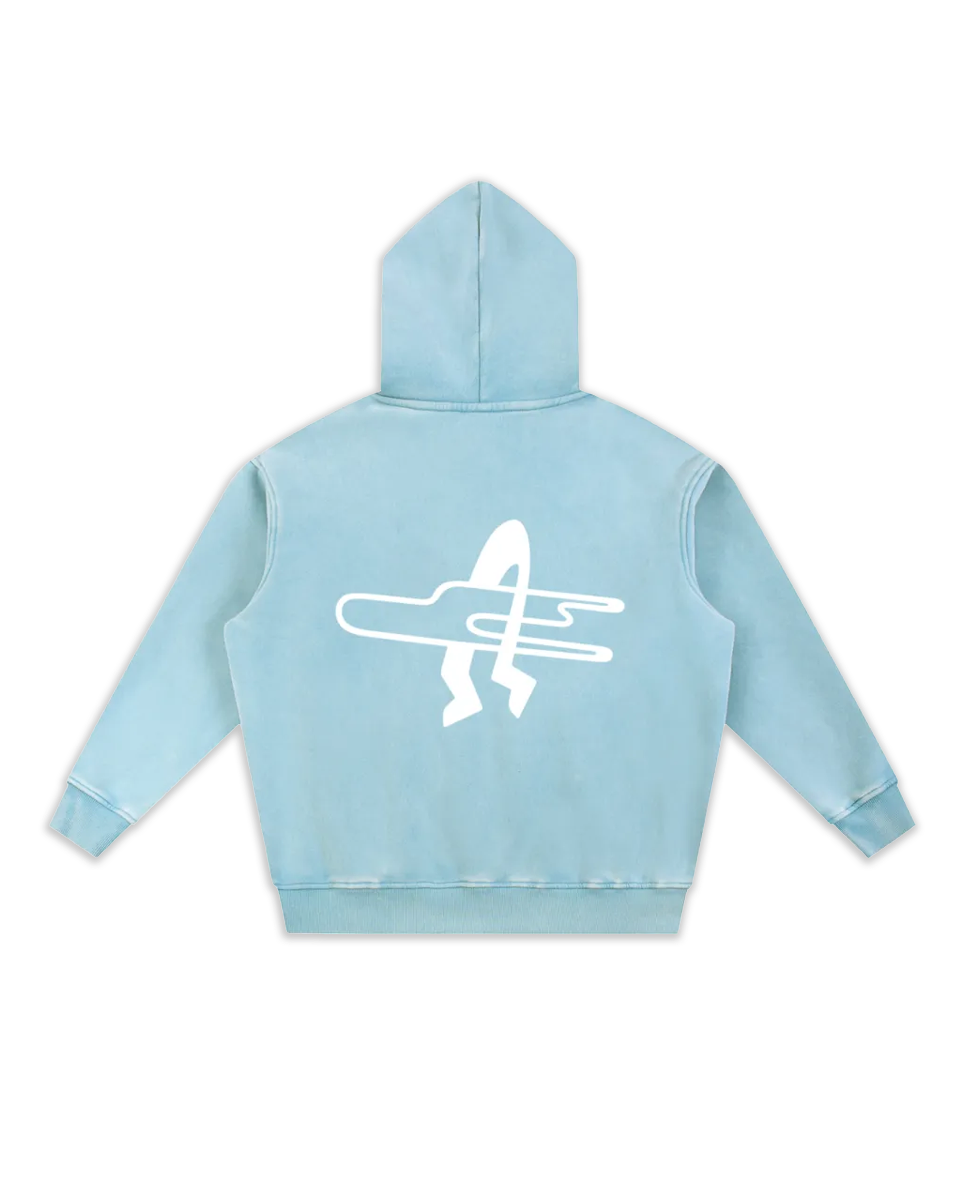 Dos du sweat surfy, coloris blue lake délavé avec un gros logo surf gentes.