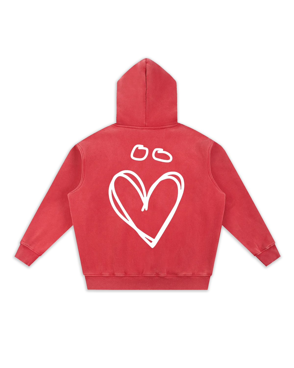 Dos du sweat Joly, coloris red délavé avec un gros logo en forme de coeur avec un tréma.