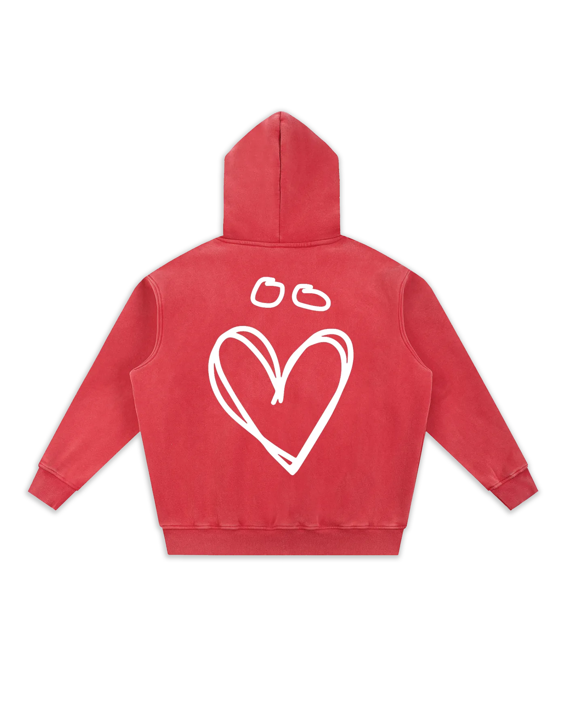 Dos du sweat Joly, coloris red délavé avec un gros logo en forme de coeur avec un tréma.