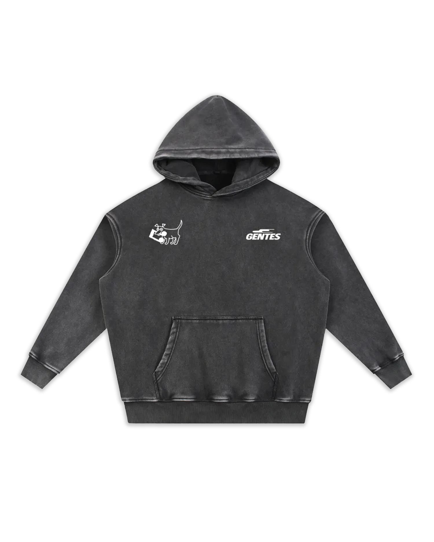 Face du sweat Doggy, coloris black délavé avec un logo coeur et un anti-coeur. Logo de la marque gentes et logo dog.