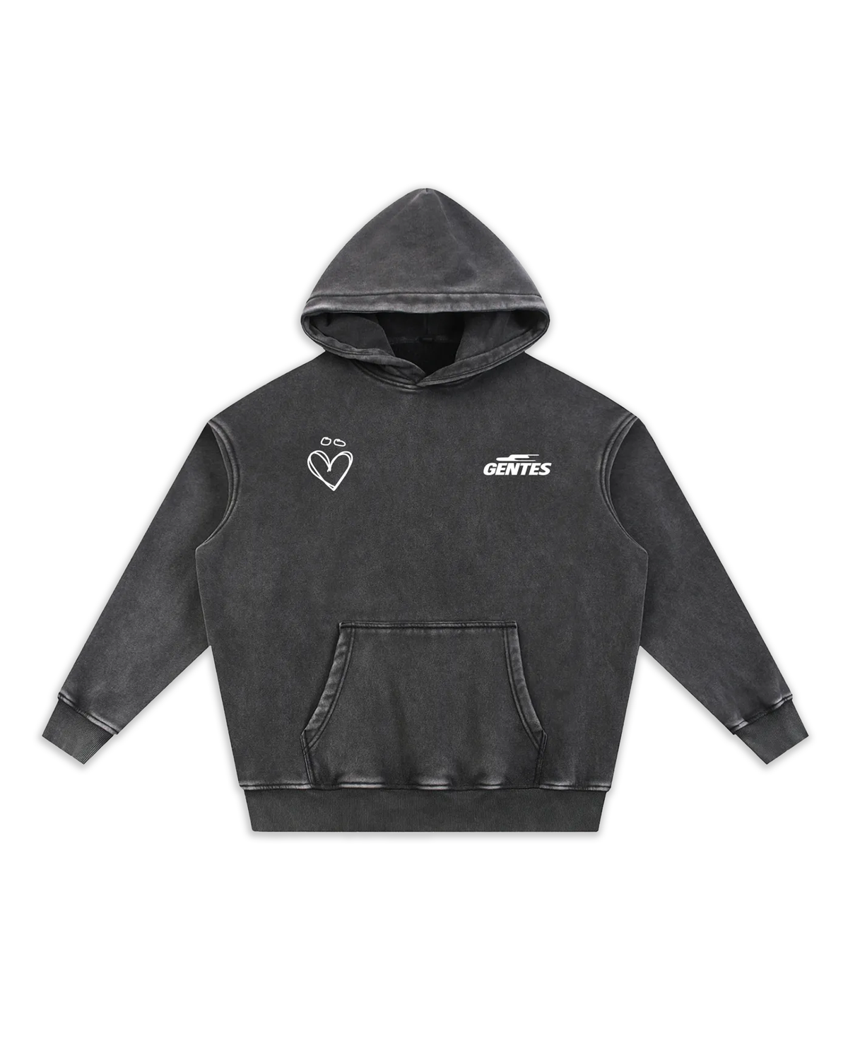 Face du sweat Joly, coloris black délavé avec un logo coeur et un anti-coeur. Logo de la marque gentes et logo joly en forme de coeur.