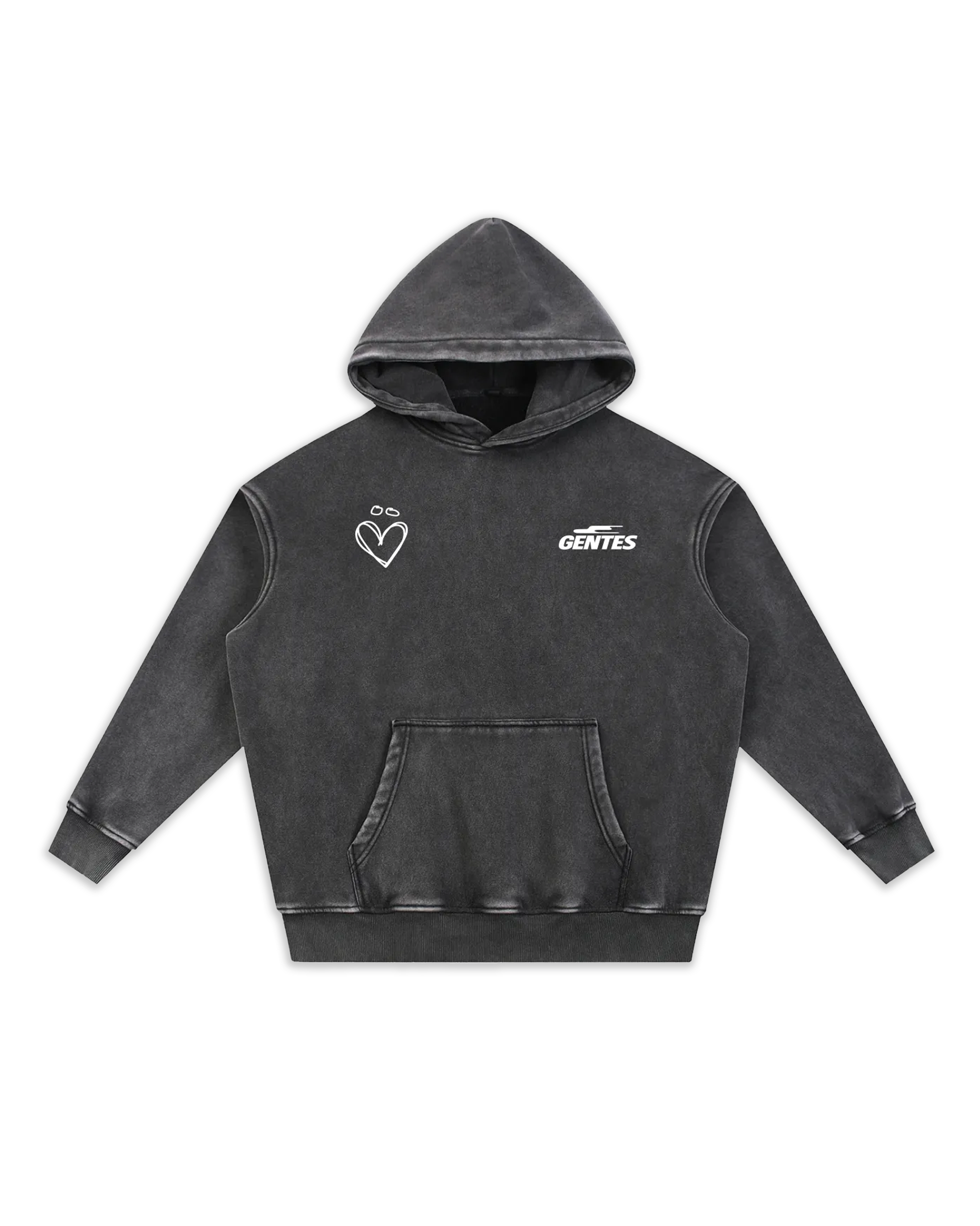 Face du sweat Joly, coloris black délavé avec un logo coeur et un anti-coeur. Logo de la marque gentes et logo joly en forme de coeur.