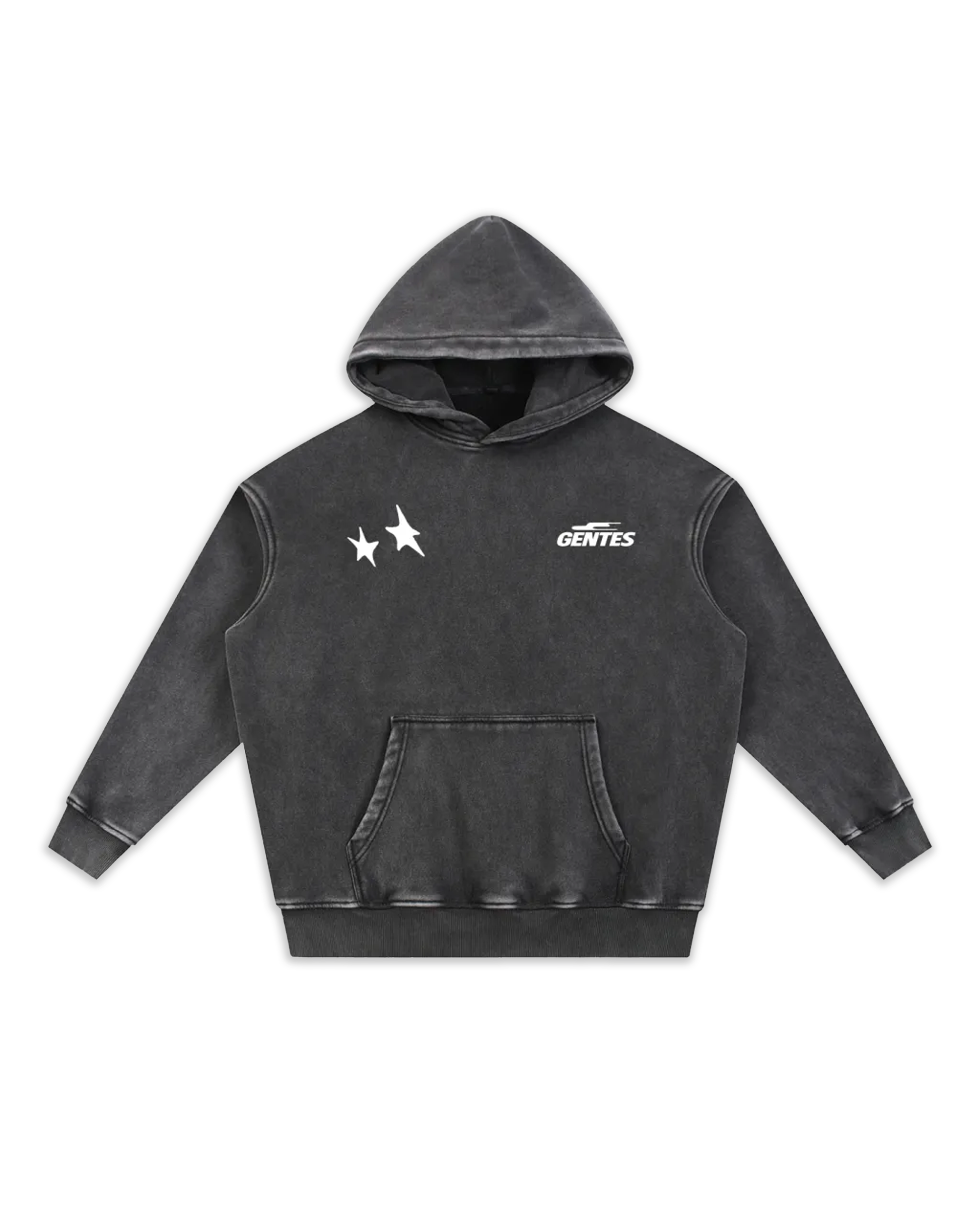 Face du sweat Stary, coloris black délavé avec un logo coeur et un anti-coeur. Logo de la marque gentes et logo avec deux étoiles gentes.