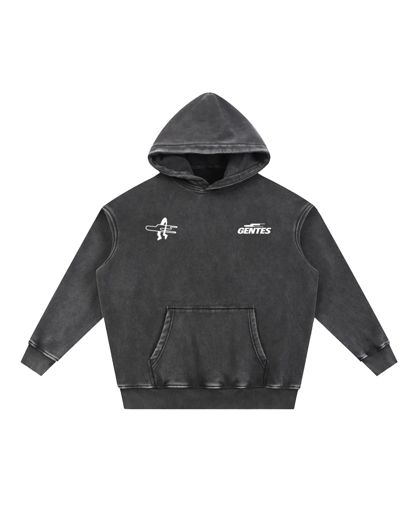 Face du sweat Surfy, coloris black délavé avec un logo coeur et un anti-coeur. Logo de la marque gentes et logo surf gentes.