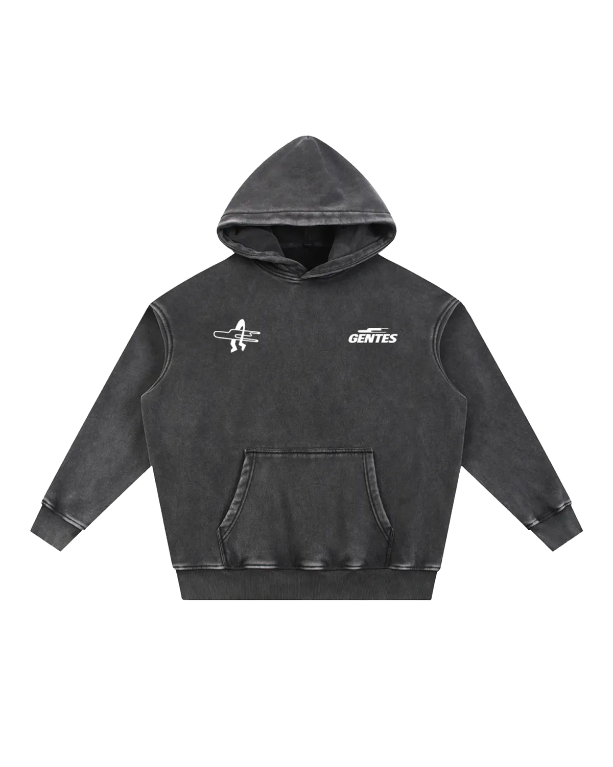 Face du sweat Surfy, coloris black délavé avec un logo coeur et un anti-coeur. Logo de la marque gentes et logo surf gentes.