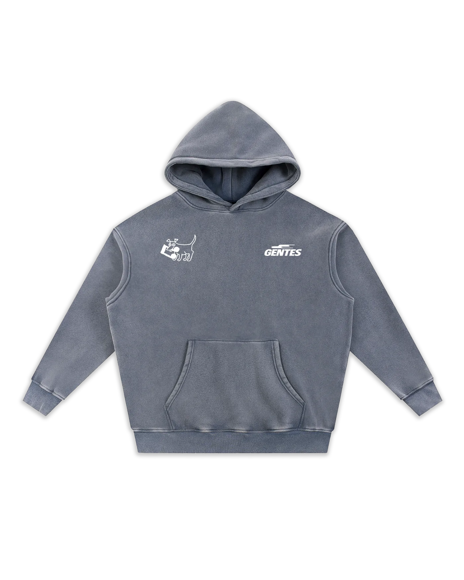 Face du sweat Doggy, coloris blue gray délavé avec un logo coeur et un anti-coeur. Logo de la marque gentes et logo dog.
