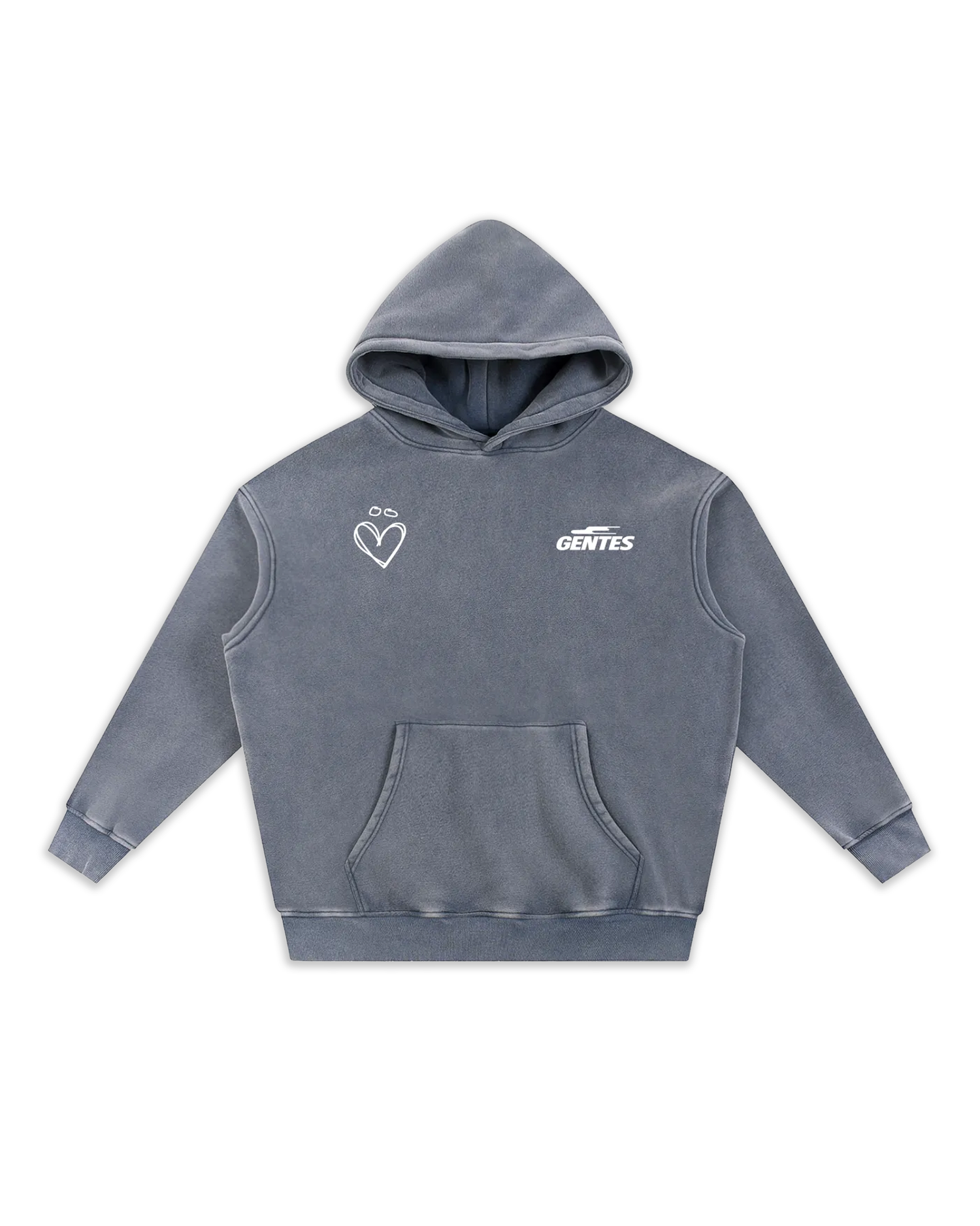 Face du sweat Joly, coloris blue gray délavé avec un logo coeur et un anti-coeur. Logo de la marque gentes et logo coeur gentes joly
