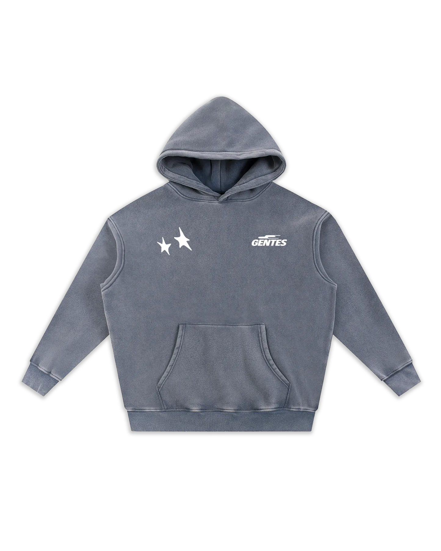 Face du sweat Stary, coloris blue gray délavé avec un logo coeur et un anti-coeur. Logo de la marque gentes et logo avec deux étoiles gentes.
