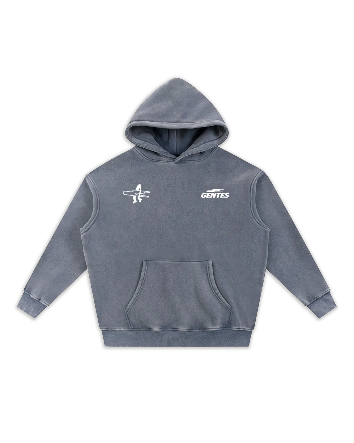 Face du sweat Surfy, coloris blue gray délavé avec un logo coeur et un anti-coeur. Logo de la marque gentes et logo surf gentes.