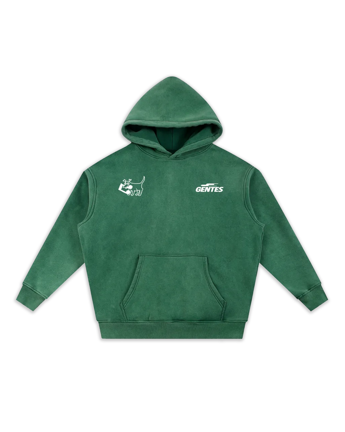 Face du sweat Doggy, coloris green délavé avec un logo coeur et un anti-coeur. Logo de la marque gentes et logo dog.