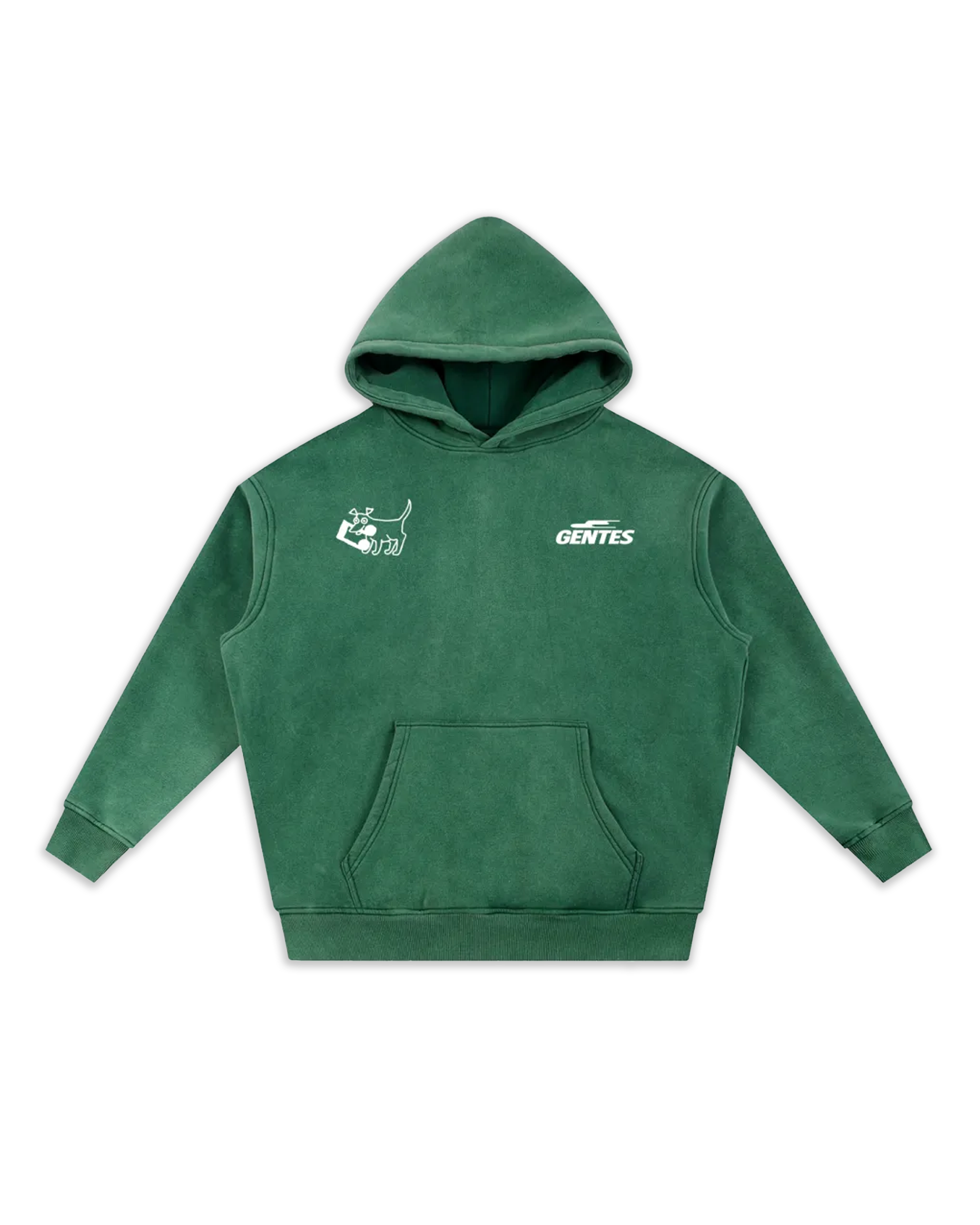 Face du sweat Doggy, coloris green délavé avec un logo coeur et un anti-coeur. Logo de la marque gentes et logo dog.