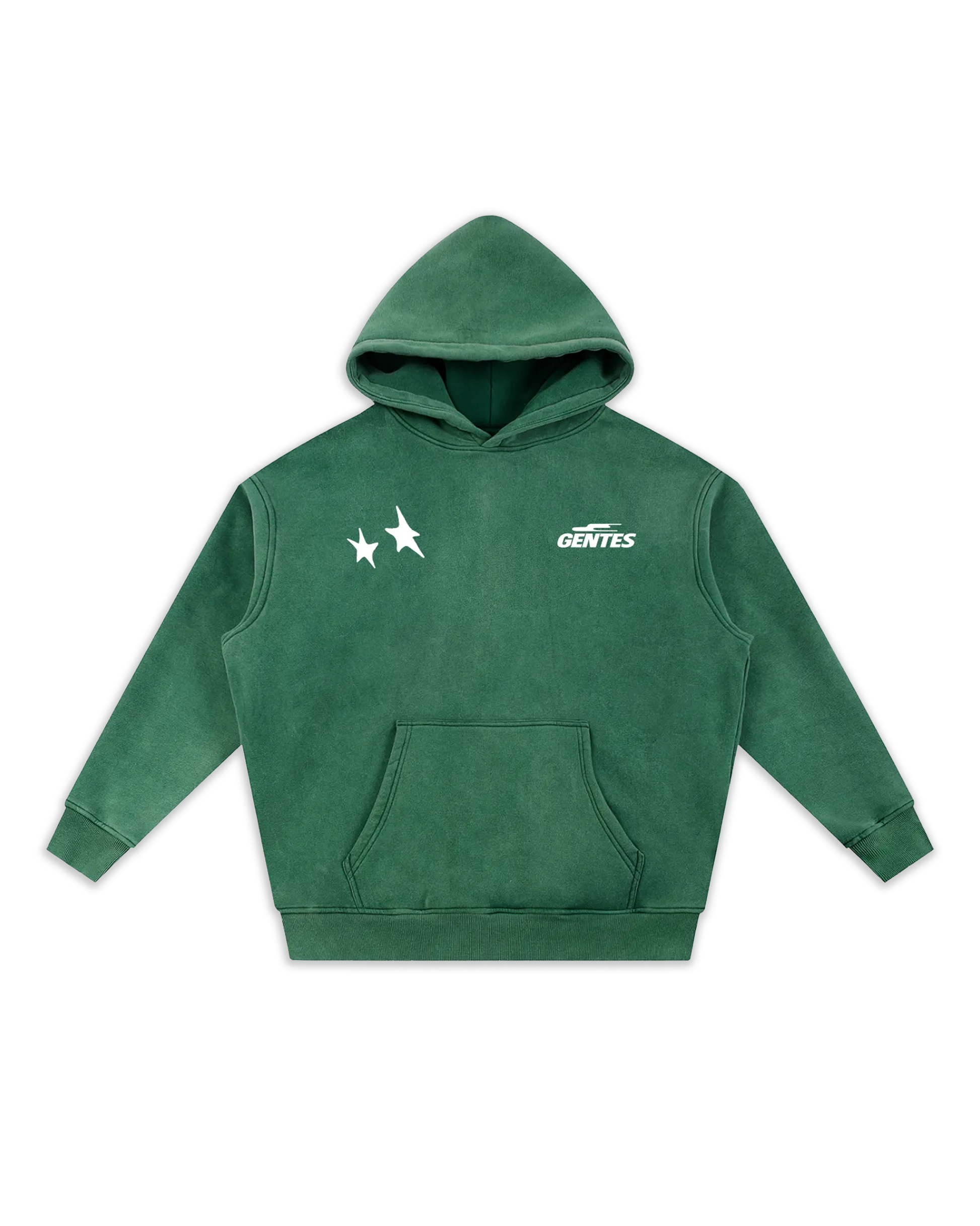 Face du sweat Stary, coloris dark green délavé avec un logo coeur et un anti-coeur. Logo de la marque gentes et logo avec deux étoiles gentes.